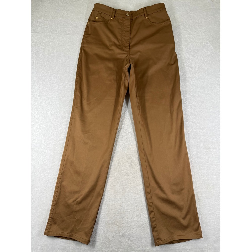 St John Sport Marie Gray Brown Straight Leg Pants Gold Logo Button Size 8 USA